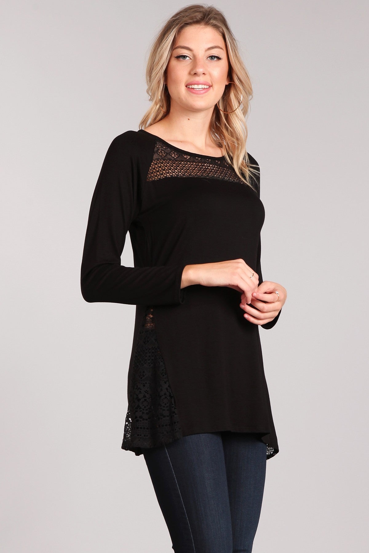 Black Long Sleeve Tunic with Lace Accents