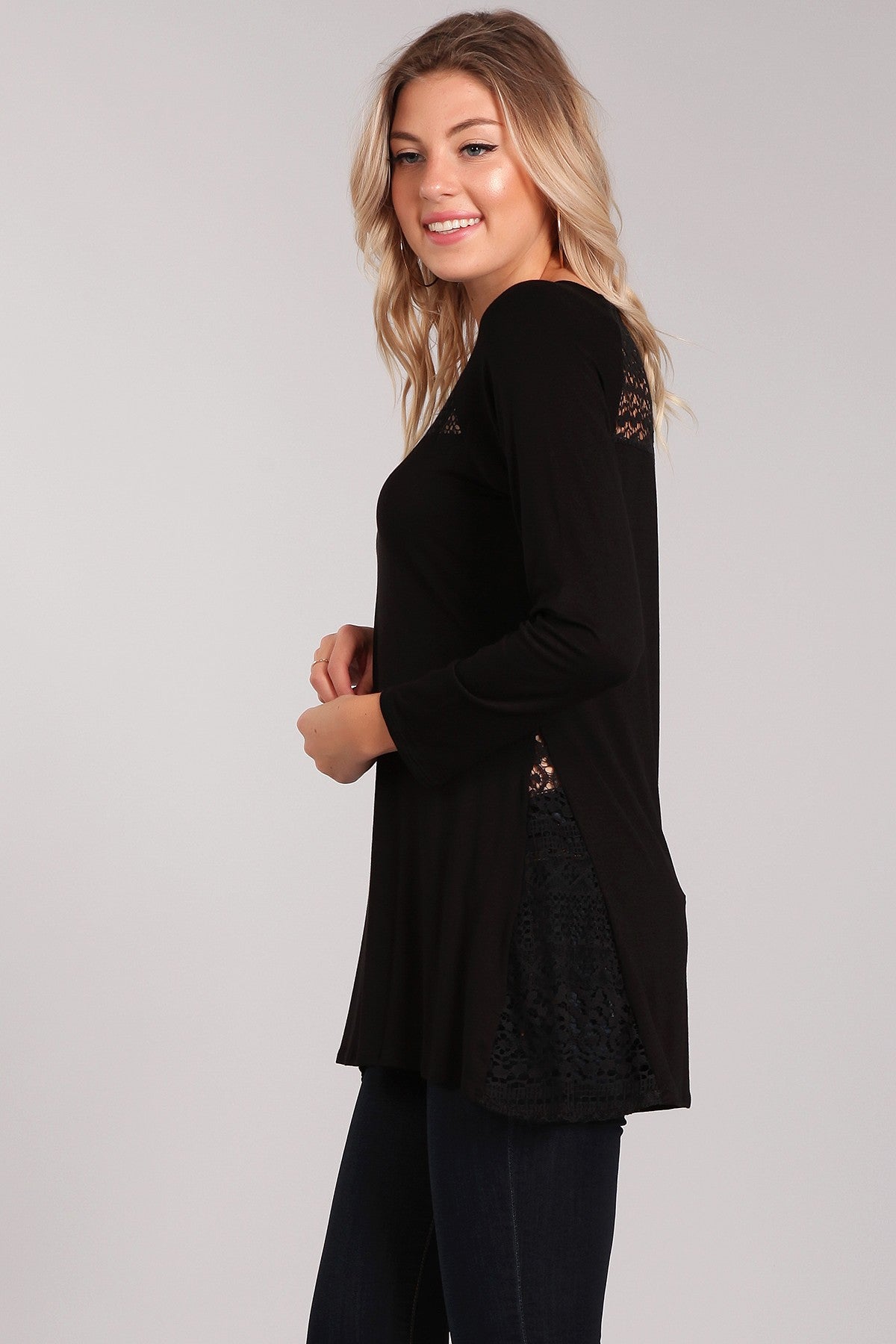 Black Long Sleeve Tunic with Lace Accents