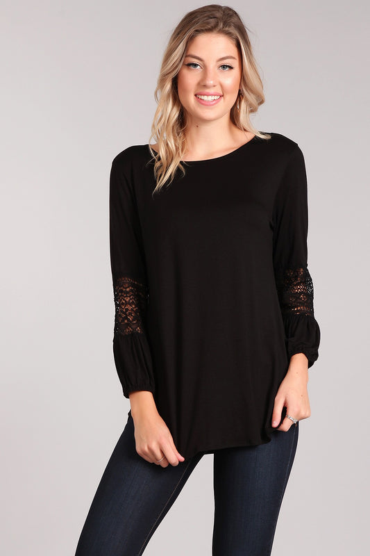 Black Long Sleeve Tunic with Lace Sleeve Accent