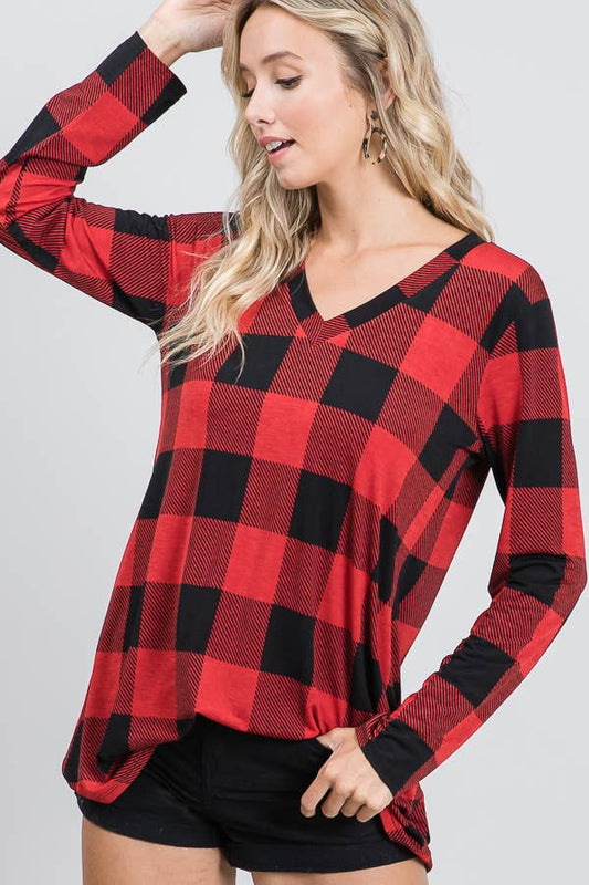 Buffalo Plaid V-Neck Long Sleeve Tunic