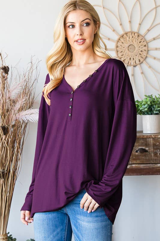 Eggplant Long Sleeve V-Neck with Button Detail Tunic