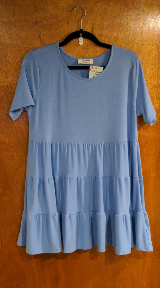 Spring Blue Short Sleeve Tiered Ruffle Tunic
