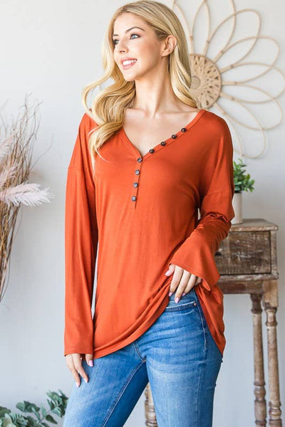 Rust Long Sleeve V-Neck with Button Detail Tunic