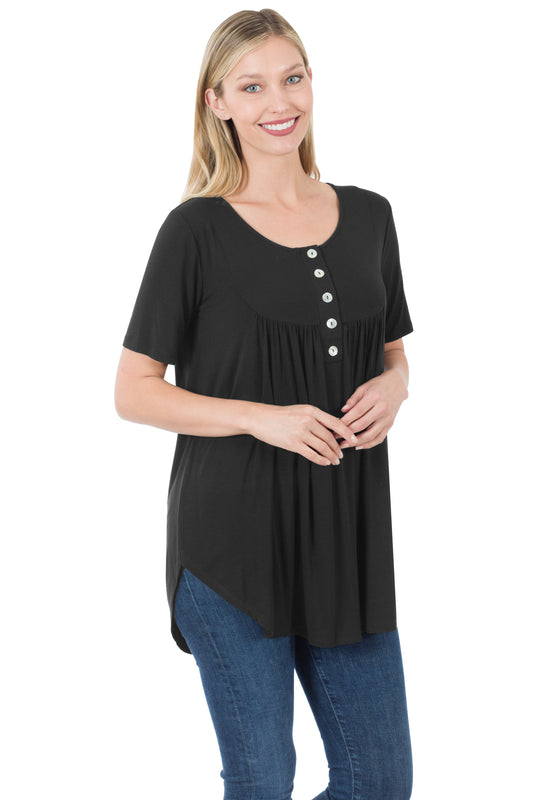 Black Gathered with Front Buttons Short Sleeve Shirt