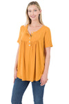Mustard Gathered with Front Buttons Short Sleeve Shirt