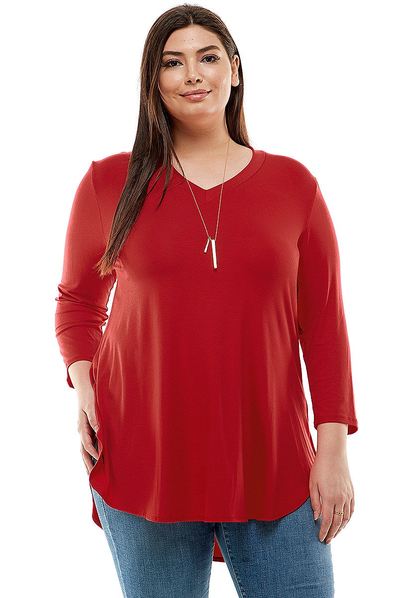 Red V-Neck 3/4 Sleeve Tunic