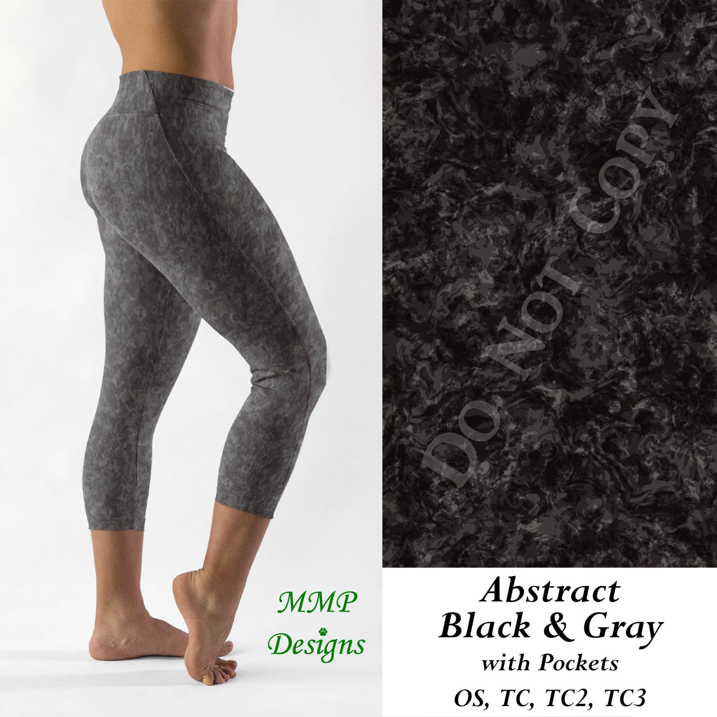 Abstract Black & Gray Leggings/Capri with Pockets (MMP)