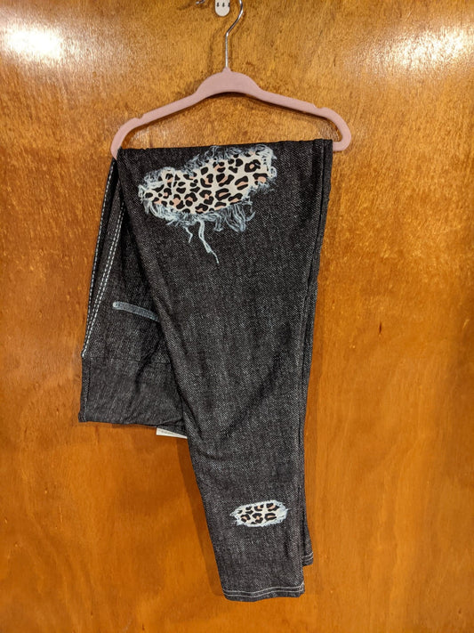 Black Denim Leopard Patch with Back Pockets (PPD)