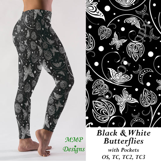 Black & White Butterflies Leggings with Pockets (MMP)