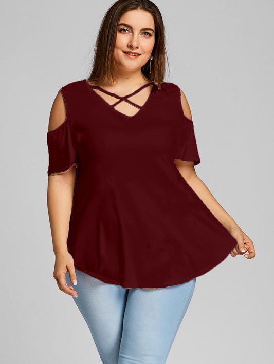 Burgundy Criss Cross Cold Shoulder Shirt (MMP)