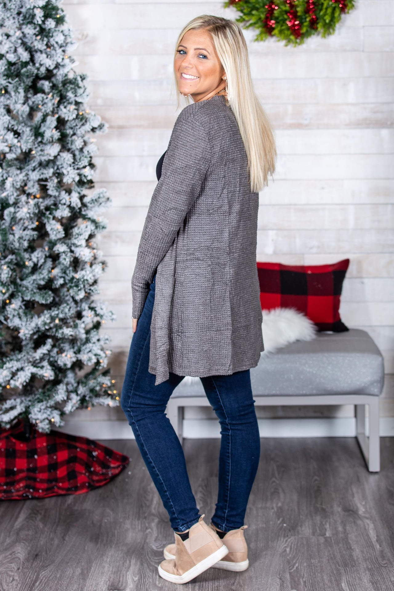 Dark Gray Waffle Thumbhole Cardigan OBW