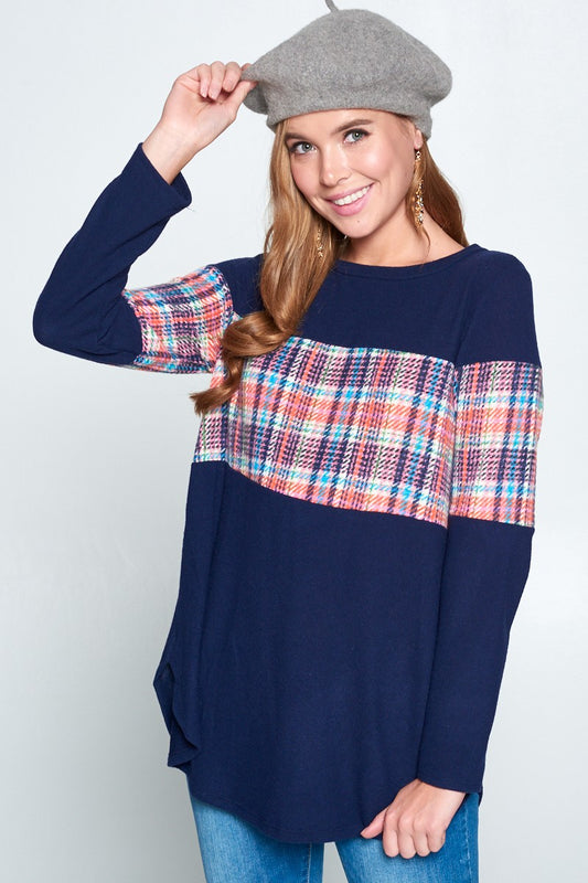 Navy Casual Brush Tunic with Striped Detail