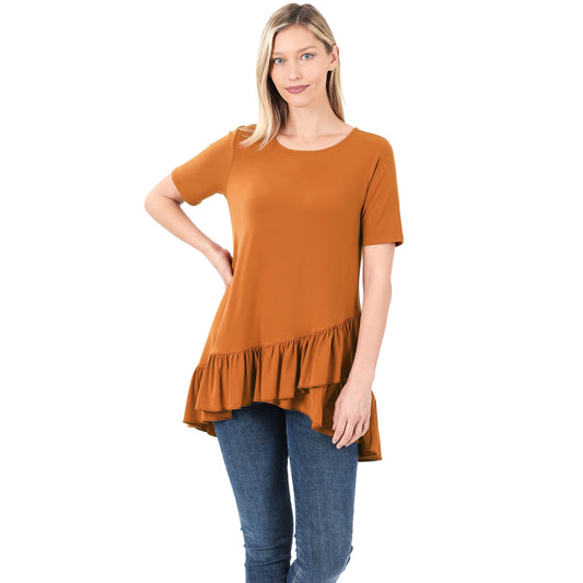 Almond Front Overlap Ruffle Bottom Top