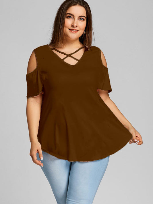 Brown Criss Cross Cold Shoulder Shirt (MMP)