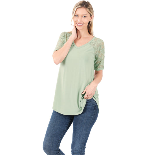 Lt Sage Lace Detail Short Sleeve V-Neck Top