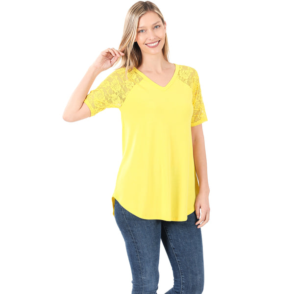 Yellow Lace Detail Short Sleeve V-Neck Top