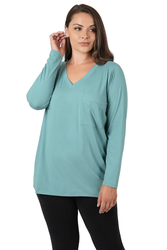 Dusty Teal V-Neck Long Sleeve Pocket Tunic