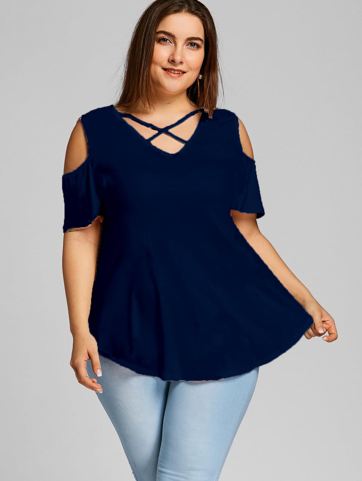 Navy Criss Cross Cold Shoulder Shirt (MMP)