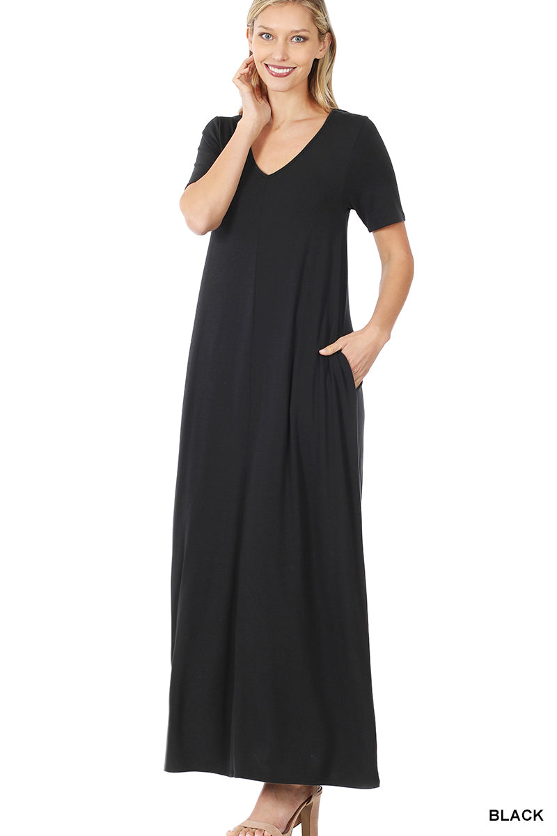 Black Short Sleeve V-Neck Maxi Dress