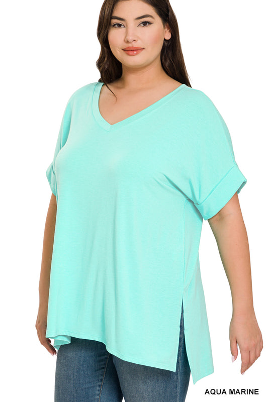 Aqua Marine Rolled Sleeve V-Neck Tunic