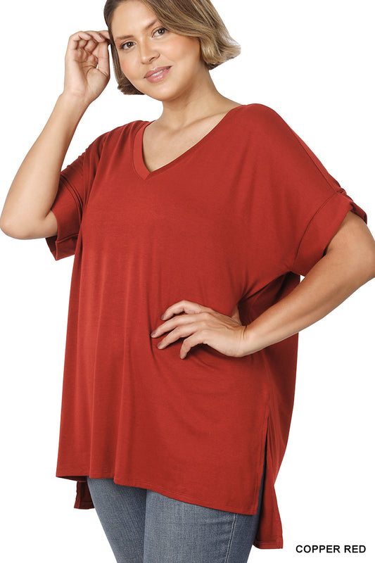 Copper Red Rolled Sleeve V-Neck Tunic