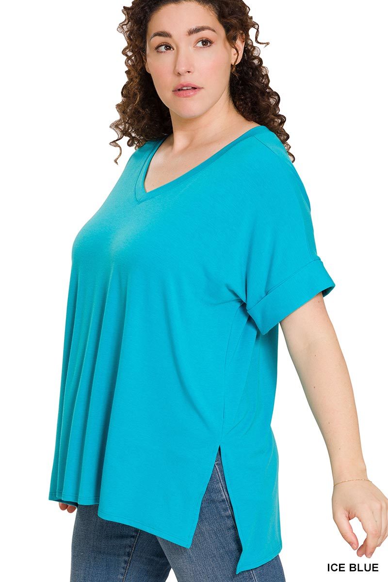 Ice Blue Rolled Sleeve V-Neck Tunic