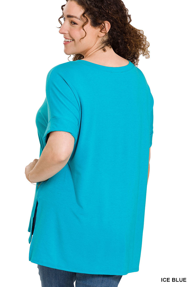 Ice Blue Rolled Sleeve V-Neck Tunic