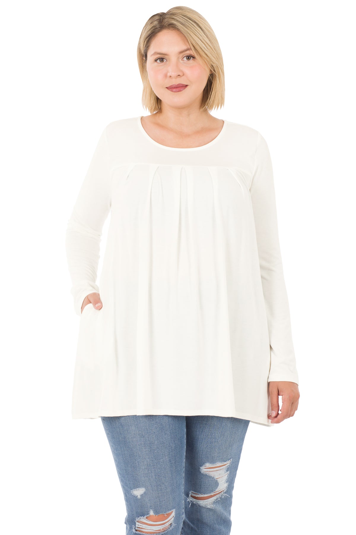 Ivory Pleated Long Sleeve Round Neck Shirt