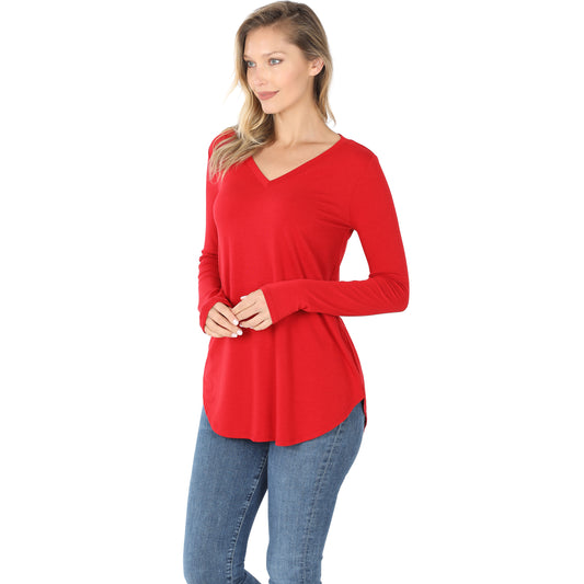 Dark Red Long Sleeve V-Neck Round Bottom Shirt