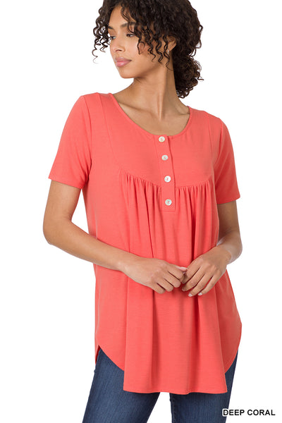 Coral Gathered with Front Buttons Short Sleeve Shirt
