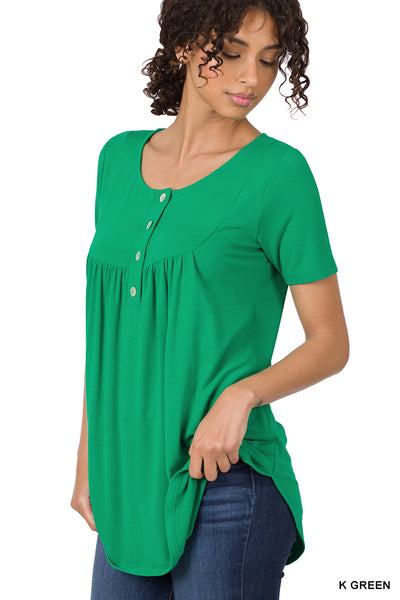 Kelly Green Gathered with Front Buttons Short Sleeve Shirt