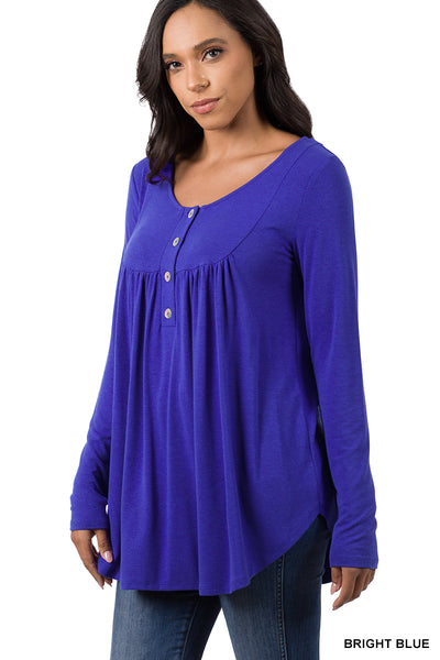 Bright Blue Gathered with Front Buttons Long Sleeve Shirt