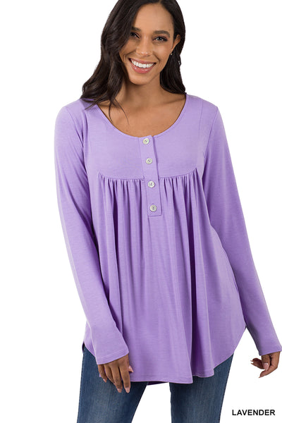 Lavender Gathered with Front Buttons Long Sleeve Shirt