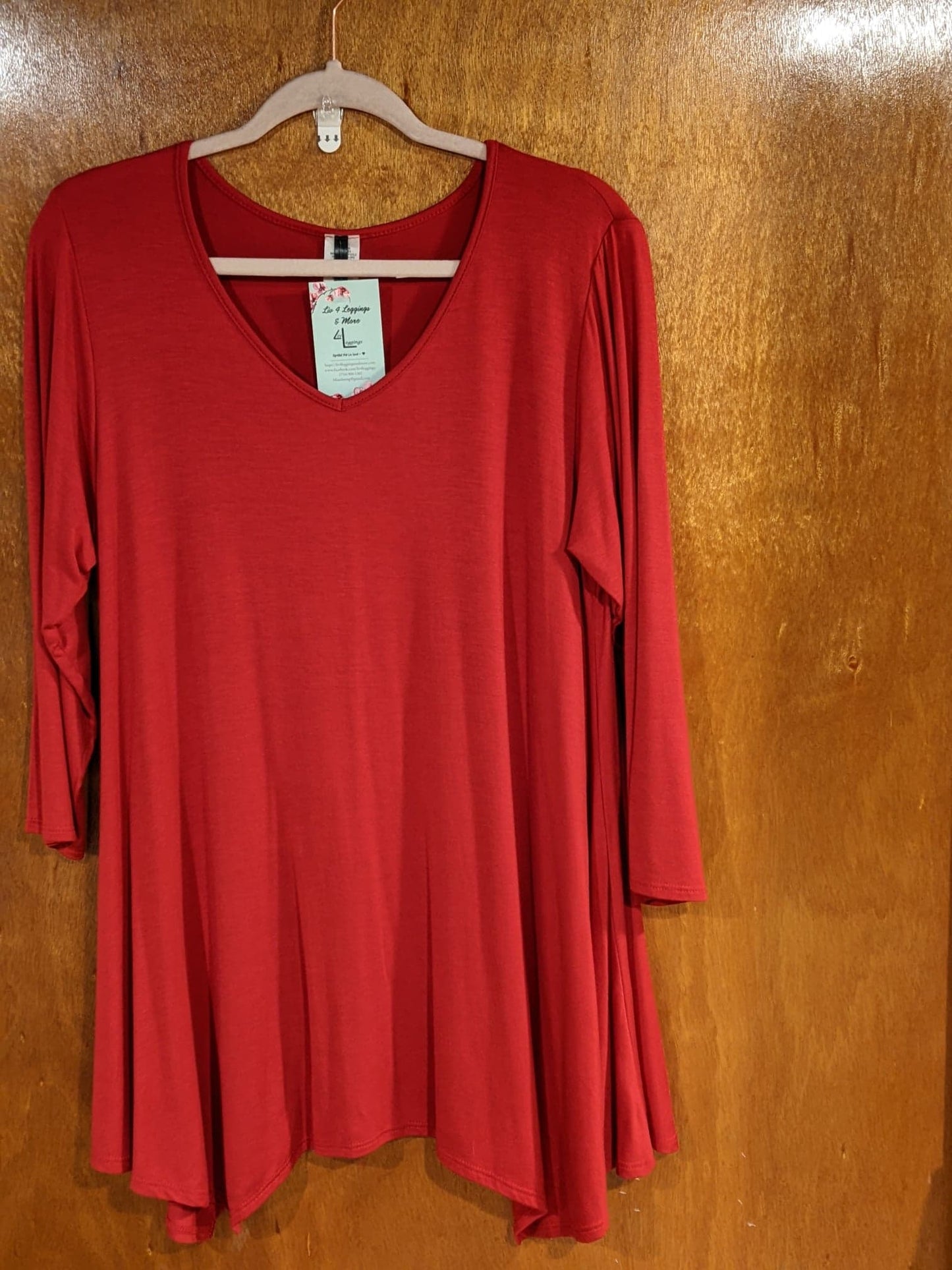 Red 3/4 Sleeve V-Neck Asymmetrical Tunic