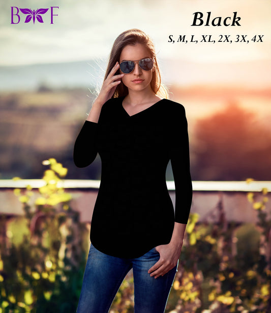 Black V-Neck Round Bottom 3/4 Sleeve Shirt (BFW)