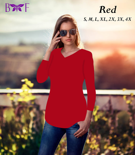 Red V-Neck Round Bottom 3/4 Sleeve Shirt (BFW)