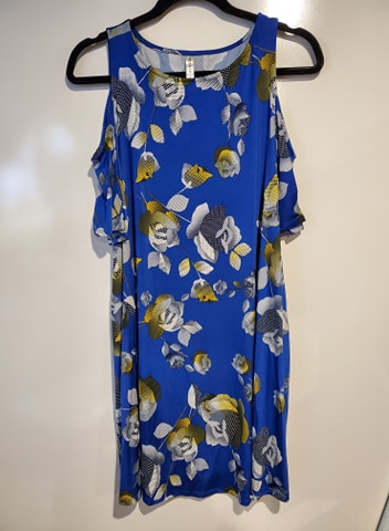 Royal Blue Textured Floral Cold Shoulder Dress with Pockets