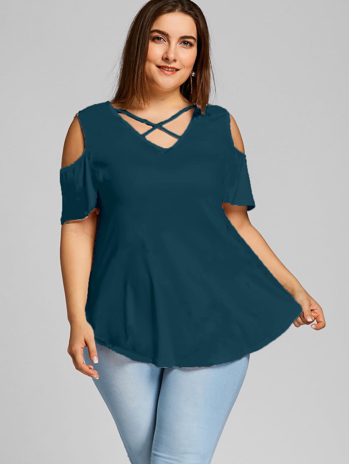 Turquoise Criss Cross Cold Shoulder Shirt (MMP)