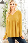 Mustard V-Neck Babydoll with Front Buttons Top